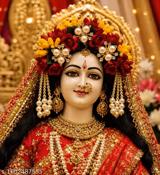Handmade Mata Rani Floral Chandrika with Pearl & Stone Work | Red Yellow Devi Mukut Head Crown | Navratri Durga Mata Shringar | Pooja Decoration