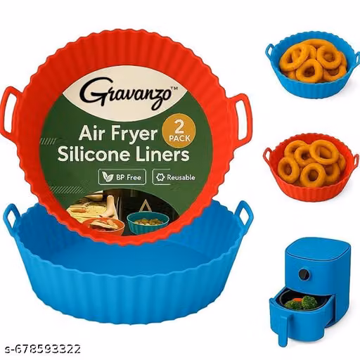 Air Fryer Silicone Tray Liners | Round Non-Stick Silicone Basket with Ear Handles | Reusable Heat Resistant Baking Tray | Multicolour (8 Inch, Pack of 2)