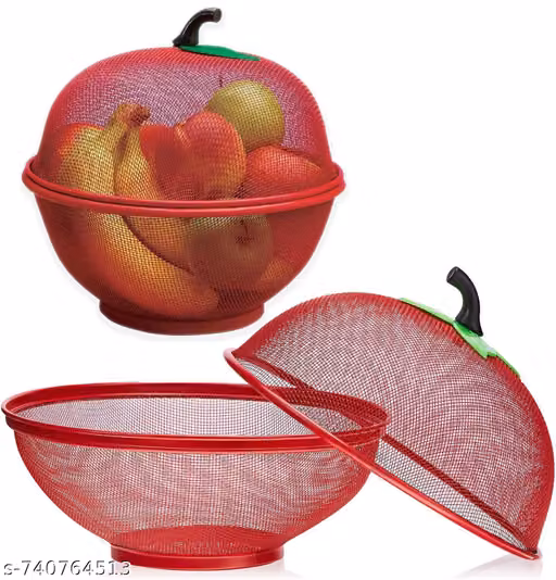 Stainless Steel Apple Shape Net Fruit & Vegetable Basket with Protective Net Cover | Large Kitchen Countertop Produce Storage Basket for Fruits & Vegetables (Red)