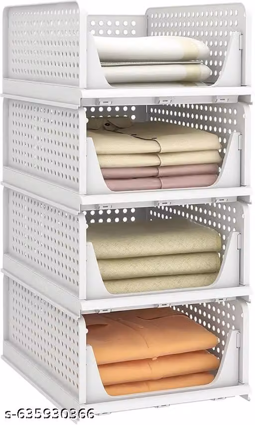 Set of 4 Large Foldable Cloth Storage Organizer/Multipurpose Adjustable Sliding Tray Basket/Wardrobe Organizer For Clothes/Rack Organiser for Storage/Shirt Stacker Box (44 x 33 x 72 cm, White)