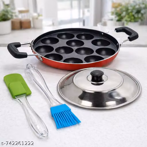 Non Stick Appe Pan with 12 Cavity Aluminium Cookware with Steel Lid Spatula and Oil Brush | appam maker pan | appam tawa | paniyaram tawa | cavity cooking pan | appam pan set | appam pan red | appam pan black | paniyaram cooking pan | appam pan with spatu