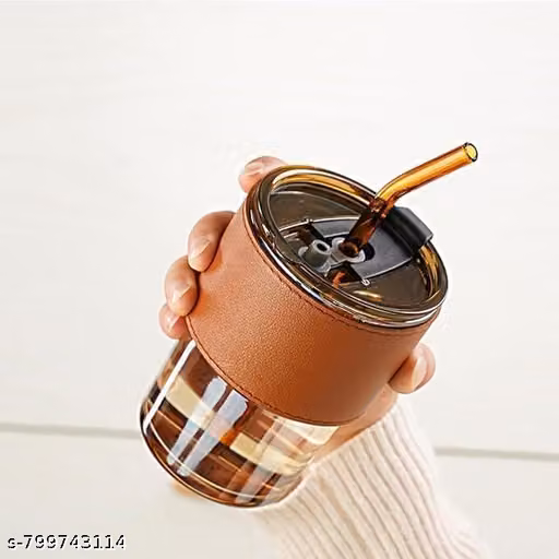 Reusable Glass Coffee Sipper Mugs with Lid & Straw Pack of 1, 400ml Multipurpose Drinking Glasses Tumbler with Leather Sleeve Cup for Juice Smoothies Iced Tea Home & Travel