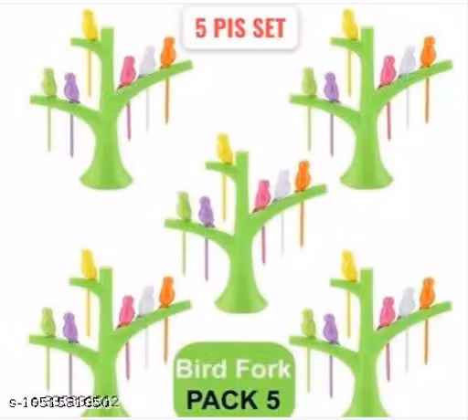 Plastic Bird Fruit Fork Set With Stand, 6 PCS Fork Spoon Set in Each Stand (Multicolor, ((Pack Of 5)))