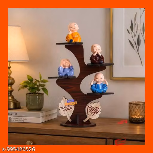 FlowerAura Decorative Set of 4 Adorable Buddha Monk Figurines With Wooden Stand For Peaceful Home Decor & Office Decor, Special Gifting, Ideal for Living Room, Meditation Spaces, and Special Occasions