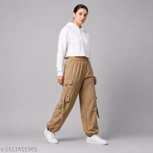Beige Wide Leg Cargo Pants Women – 6 Pocket Parachute Utility Streetwear Trousers