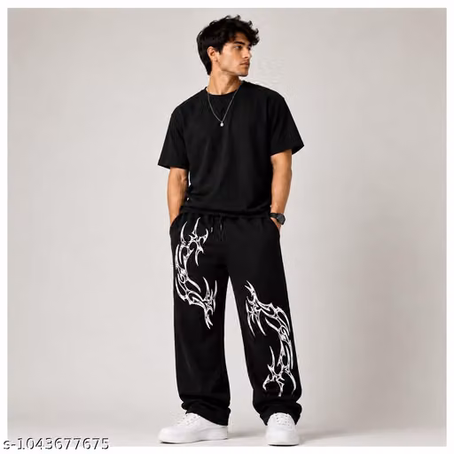 Men Black Oversized Track Pant Tribal Flame Print Baggy Trouser Cotton Streetwear Joggers