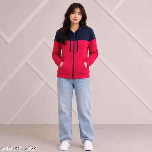 Pink Navy Full Zip Hoodie Women – Colorblock Fleece Sweatshirt with Hood