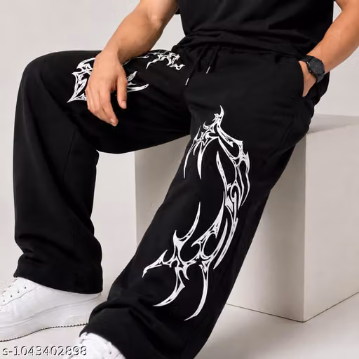 Men Black Baggy Fit Trouser Tribal Print Track Pant Cotton Blend Joggers Streetwear Casual Wear