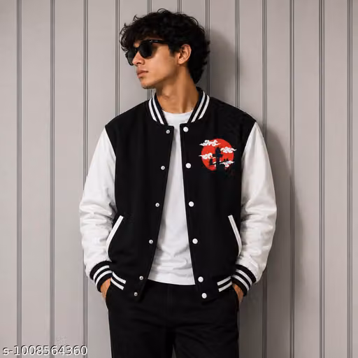 Men's Casual Varsity Jacket Black White Graphic Print Letterman Baseball Bomber Jacket Full Sleeve Streetwear College Wear Regular Fit