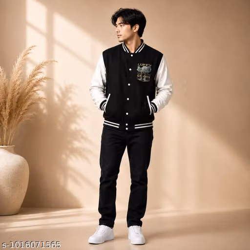 Men's Graphic Varsity Jacket Black White – Snap Button Baseball Jacket