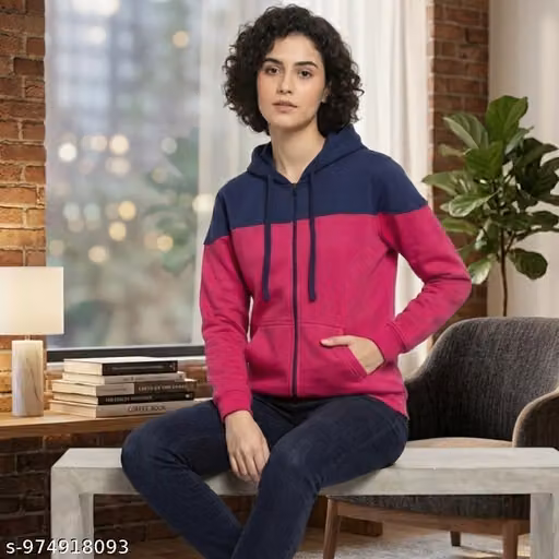 Women Rani Pink & Navy Blue Hooded Winter Jacket | Zip-Up Fleece Hoodie for Women