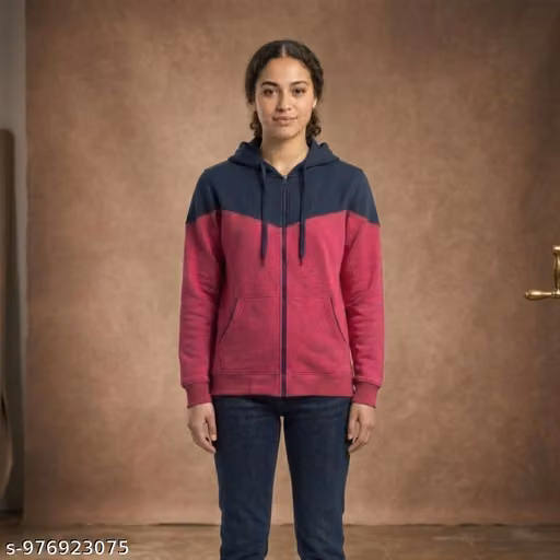 Women's Navy Pink Colorblock Hooded Jacket Winter Wear Full Zip Casual Daily Wear Stylish Hoodie