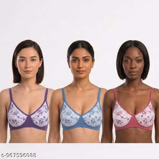 Women Cotton Bra 3 Piece Set Floral Print Non Wired Full Coverage Multicolor Purple Blue Maroon