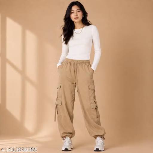 Beige Cargo Pants Women – 6 Pocket High Waist Wide Leg Baggy Trousers