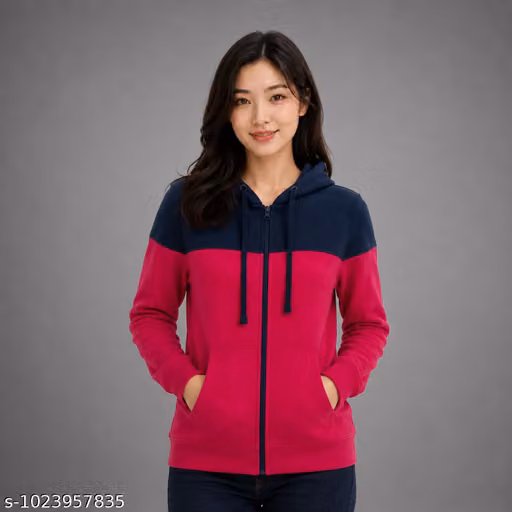 Pink Navy Fleece Hoodie Women – Zip Front Colorblock Jacket with Hood