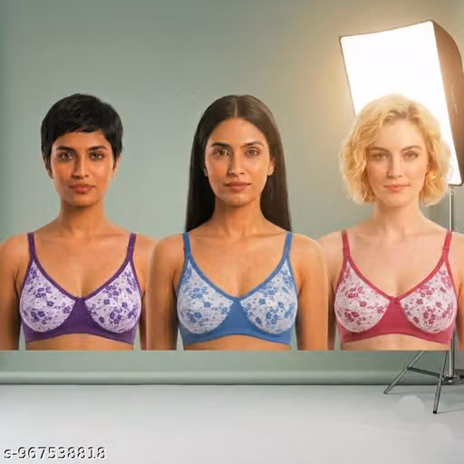Women's Floral Printed Non-Wired Full Coverage Bra Combo Set of 3 (Purple + Blue + Maroon)