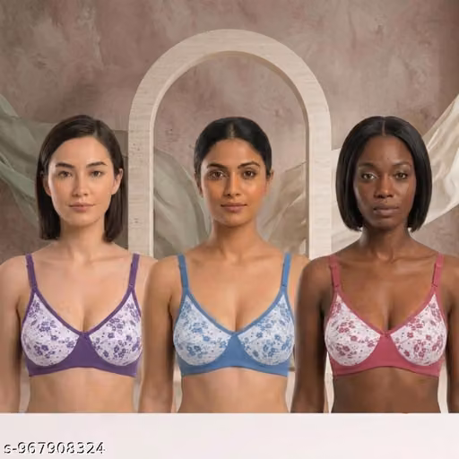 Women Floral Printed Non Wired Non Padded Full Coverage Cotton Bra Combo Pack of 3 Multicolor