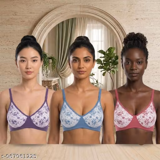 Women Soft Cotton Non Wired Non Padded Floral Printed Full Coverage Bra 3 Piece Multicolor