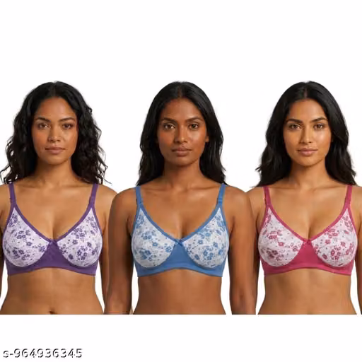 Women Floral Printed Bra Pack of 3 | Non-Padded Full Coverage | Purple Blue Maroon