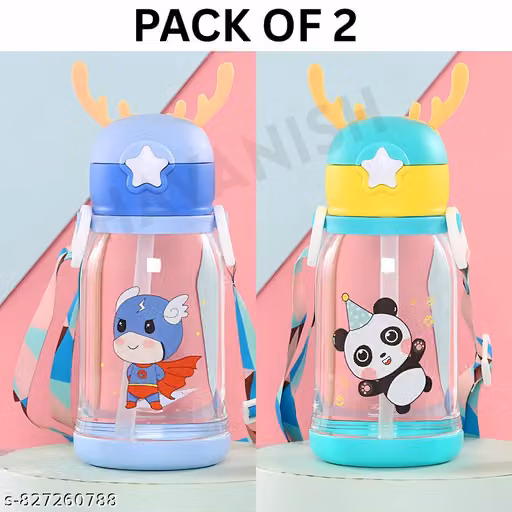 kids plastic sipper bottle Leak Proof Silicon Transparent Water Bottle 600ml with Strap for Kids School- ( Pack of 2 Blue & Green)