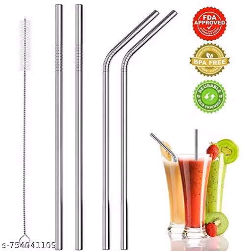 Stainless Steel Straws Reusable, 4 Pack Metal Straws with Brush, BPA-Free & Eco-Friendly, Dishwasher Safe – Perfect for Smoothies, Iced Coffee, Tumblers, Cold Drinks (2 Bent + 2 Straight +1 Brush)