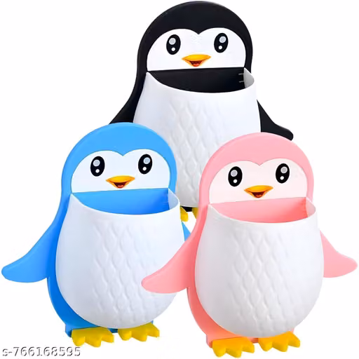 Pack Of 3 Kids New Penguin Design Toothbrush Holder | Unique Wall Mounted Self Adhesive Storage | Wall Mount Toothbrush Holder | Wall Mount Remote and Mobile Stand (Pink OR Blue or Black)