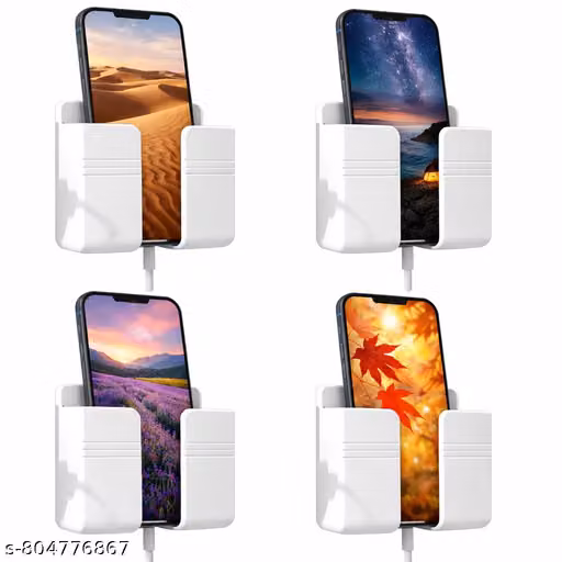 Wall Mount Mobile Holder for Home – Self-Adhesive Phone Charging Holder with Dual Hooks, Ideal for Bathroom, Kitchen, Bedroom, Office – Reusable ABS Build, Pack of 4