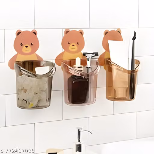 Toothbrush Holder, Plastic Brush Holder 3 Pcs Set, Self Adhesive Toothbrush Holder for Bathroom Wall, Tooth Brush Stand Storage Toothbrush, Toothpaste, Teddy Bear Shaped ( Multicolor )