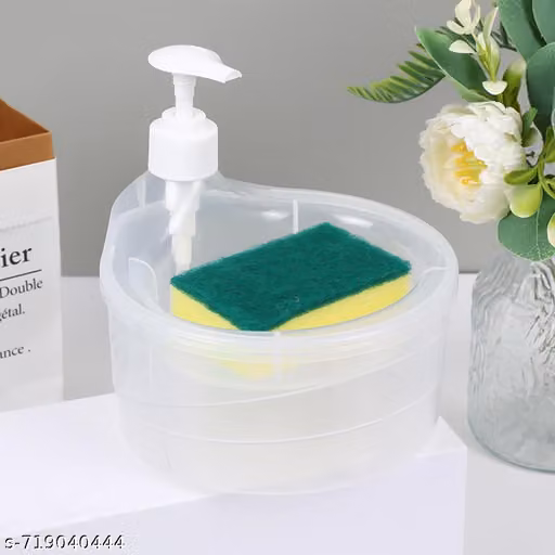 Double Layer Soap Dispenser with 2 Sponges for Bathroom Accessories Dishwasher Liquid Holder Liquid Dispenser Pump with Sponge Holder Kitchen Sink Accessories Items (Transparent)