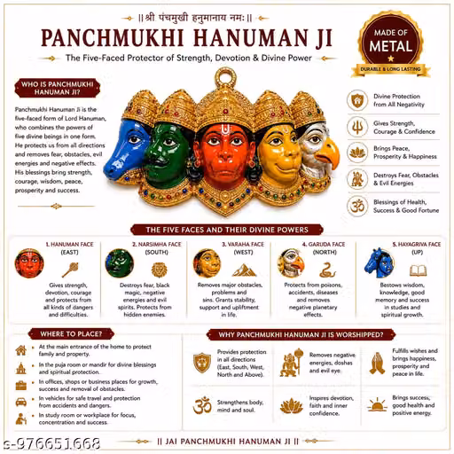 Panchmukhi Hanuman Ji Metal Wall Hanging for Home Temple & Main Door