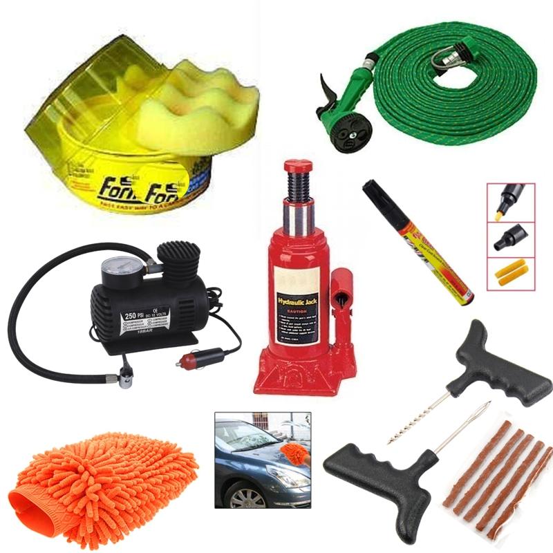 Car Combo - Hydraulic Jack + Air Compressor + Water Gun + Car Wax + Scratch Pen + Duster Glove+ Tyre repair Kit