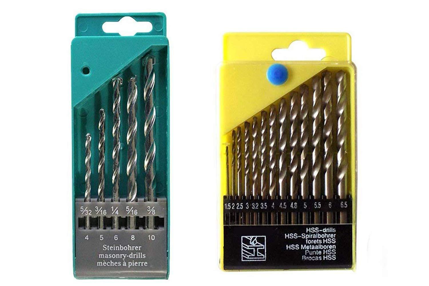 18 pcs Drill Bits Combo - 13 Pieces Hss Drill Set for Wood, Metal, Plastic and 5 Pieces Masonry Drill Set for Wall, Concrete