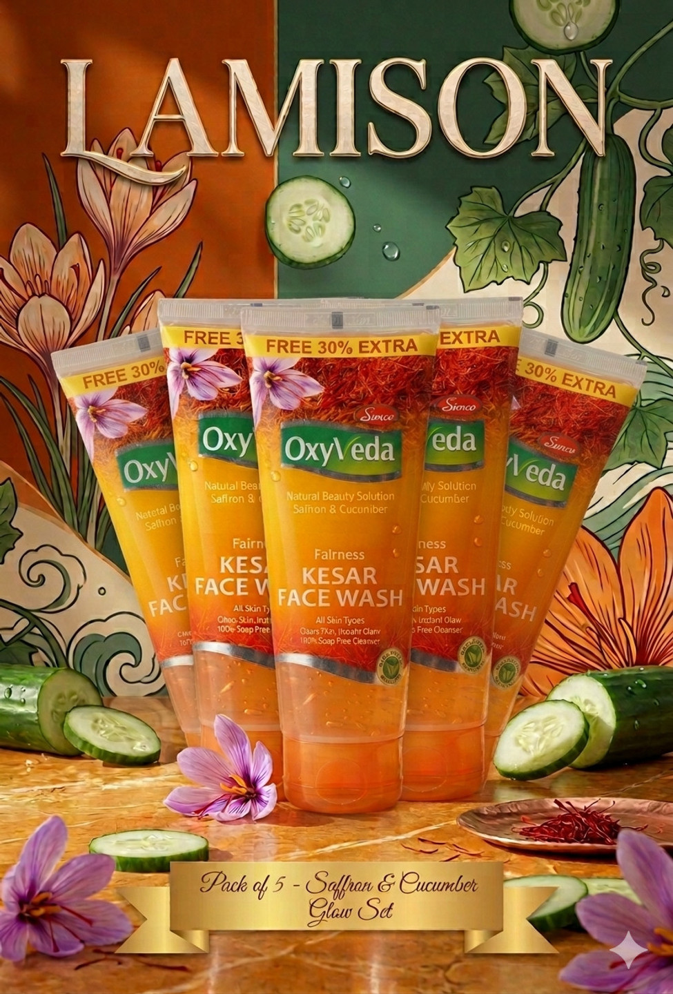 LAMISON OXYVEDA KESAR NATURAL BEAUTY FACEWASH EACH 65ML Face Wash (325 ml)