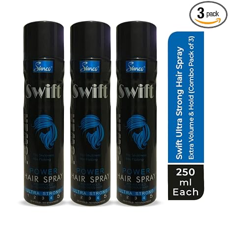 Simco Swift Ultra Strong Power Hair Spray (Combo Pack of 3, 250ml each) | Extra Volume & Strong Hold