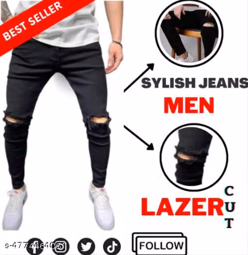BLACK KNEE CUT JEANS PRIMIUM FABRIC 100%