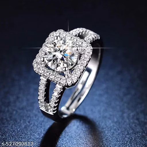 RBM INTERNATIONAL Silver Plated American Diamond Studded Geometrical Contemporary Solitaire Adjustable Finger ad Ring.