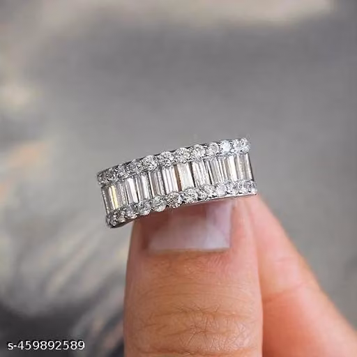 RBM INTERNATIONAL 3 Row Moissanite Wide Wedding Band, Anniversary Band Ring For Women, Channel Set Baguette Half Eternity Band Baguette And Round Diamond Band