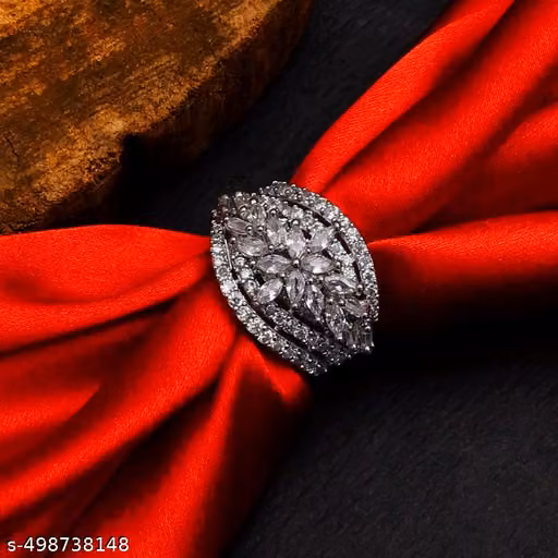Solitaire Silver Plated American Diamond Flower Ring for Women, Girls (Silver) Brass Zircon Silver Plated ad Ring