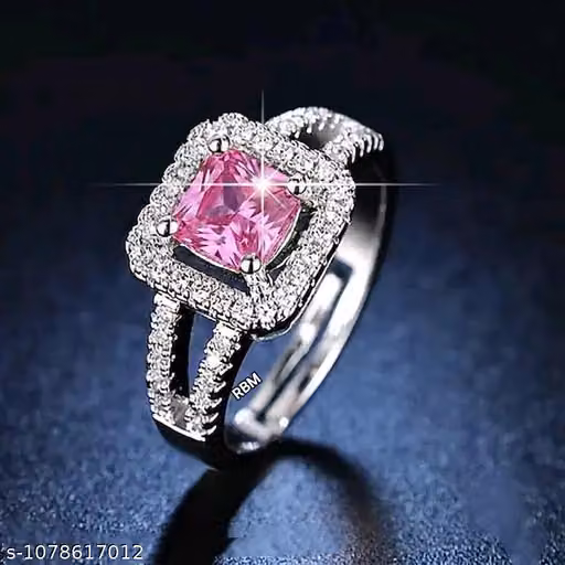 Silver Plated American Diamond Studded Geometrical Contemporary Solitaire Adjustable Finger ad Ring (PINK)