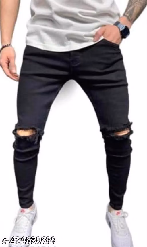 BLACK KNEE CUT JEANS MAN