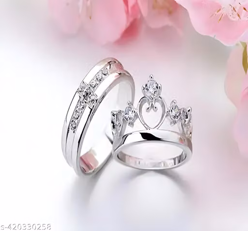 Combo of Silver Colored CZ Stones Studded Adjustable Size Couple Ring Set
