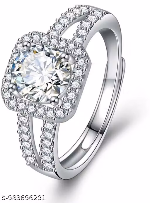 Silver Plated American Diamond Studded Geometrical Contemporary Solitaire Adjustable Finger ad Ring.