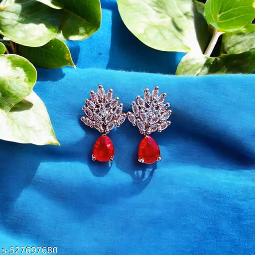 Silver Plated American Diamond Studded Floral (red) Stud Earrings