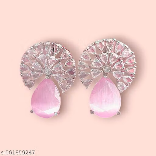 Silver Plated American Diamond Studded Floral (Pink) Stud Earrings