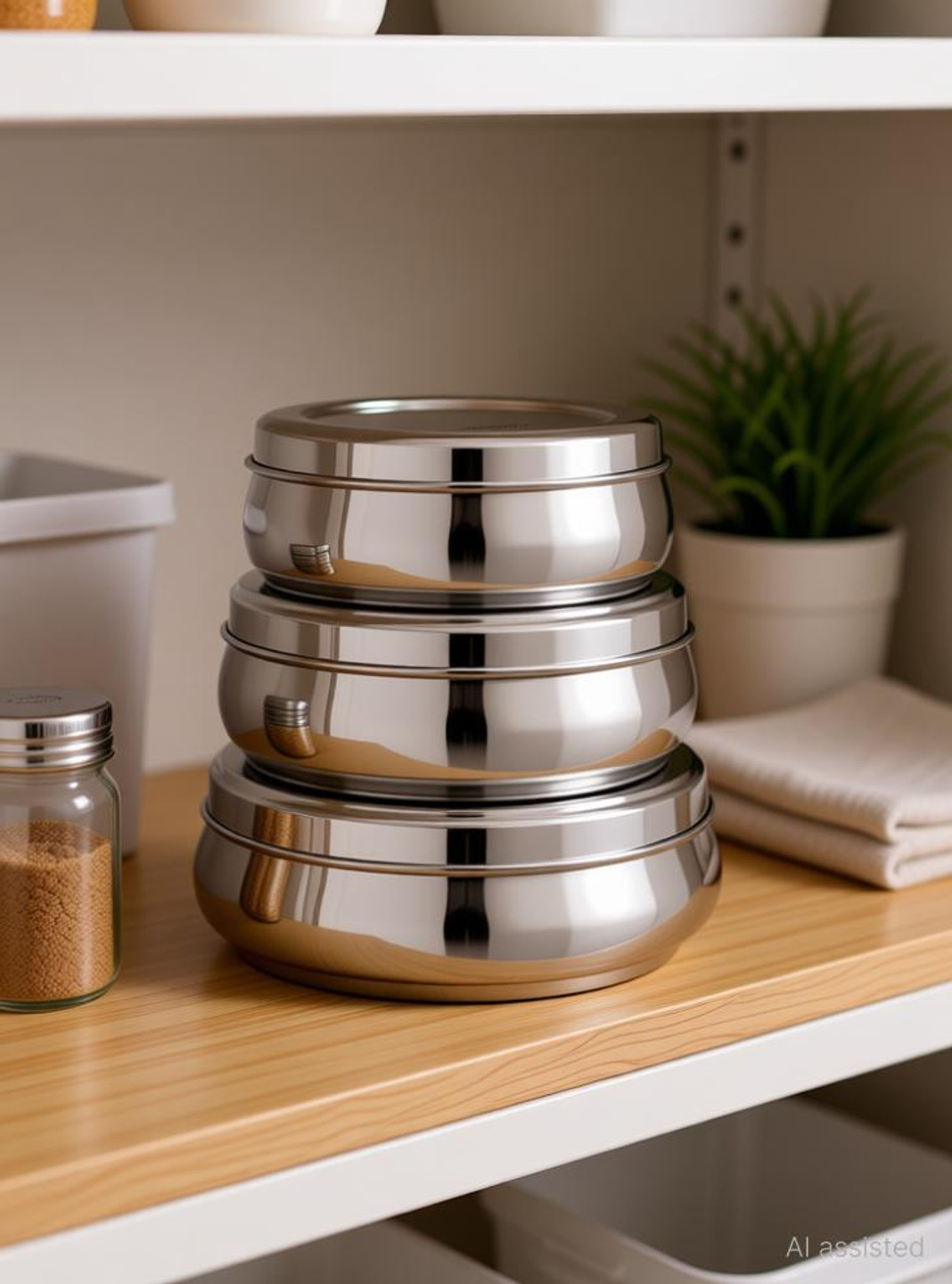 KIARAA Steel Fridge Container  - 300 ml, 500 ml, 750 ml (Pack of 3, Silver)