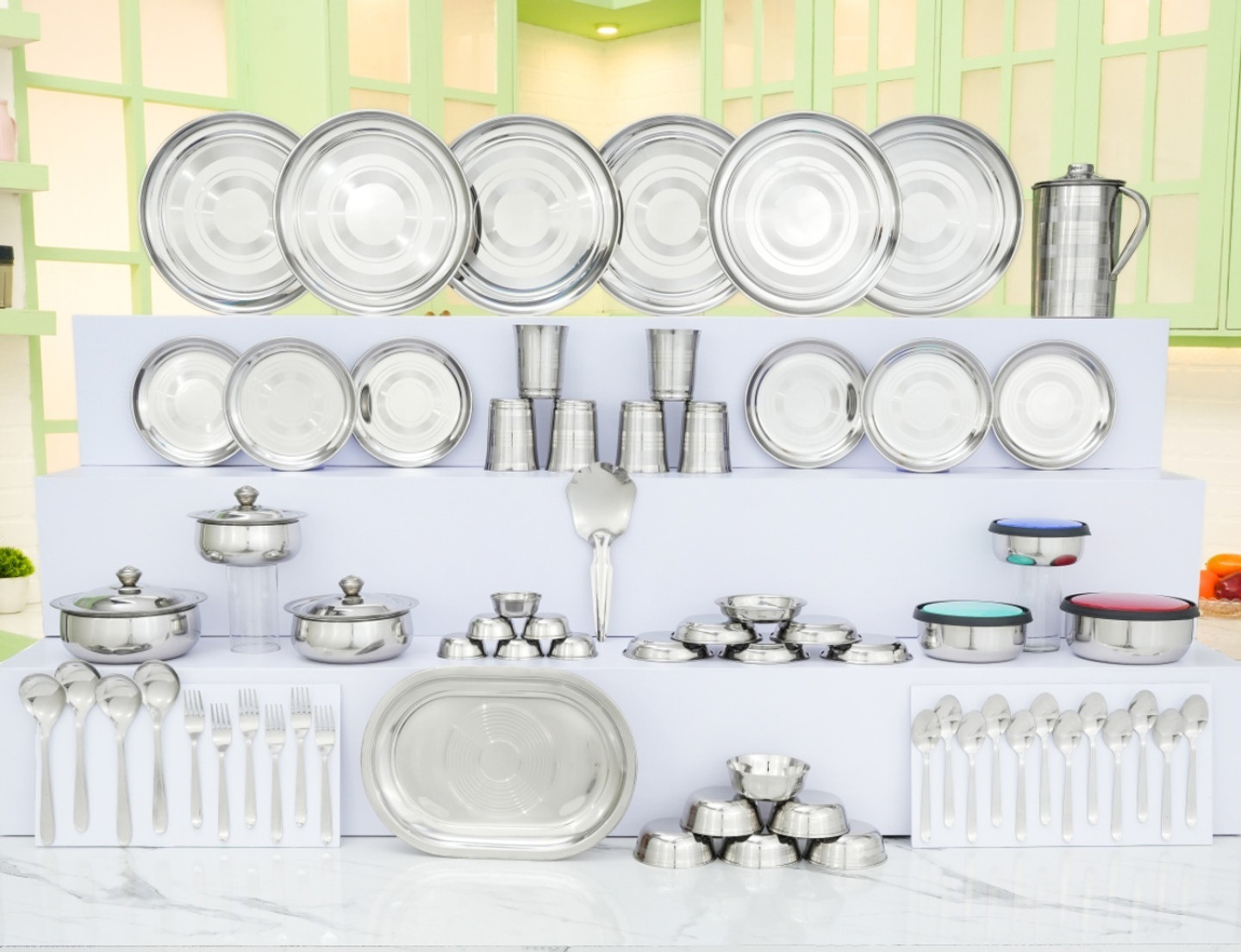 KIARAA Pack of 70 Stainless Steel KIARAA Dinner Set (Steel, Microwave Safe)