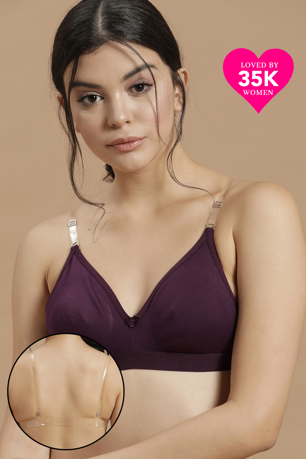 Invisi Non-Padded Non-Wired Full Cup Multiway T-shirt Bra in Wine Colour with Transparent Straps & Band - Cotton Rich