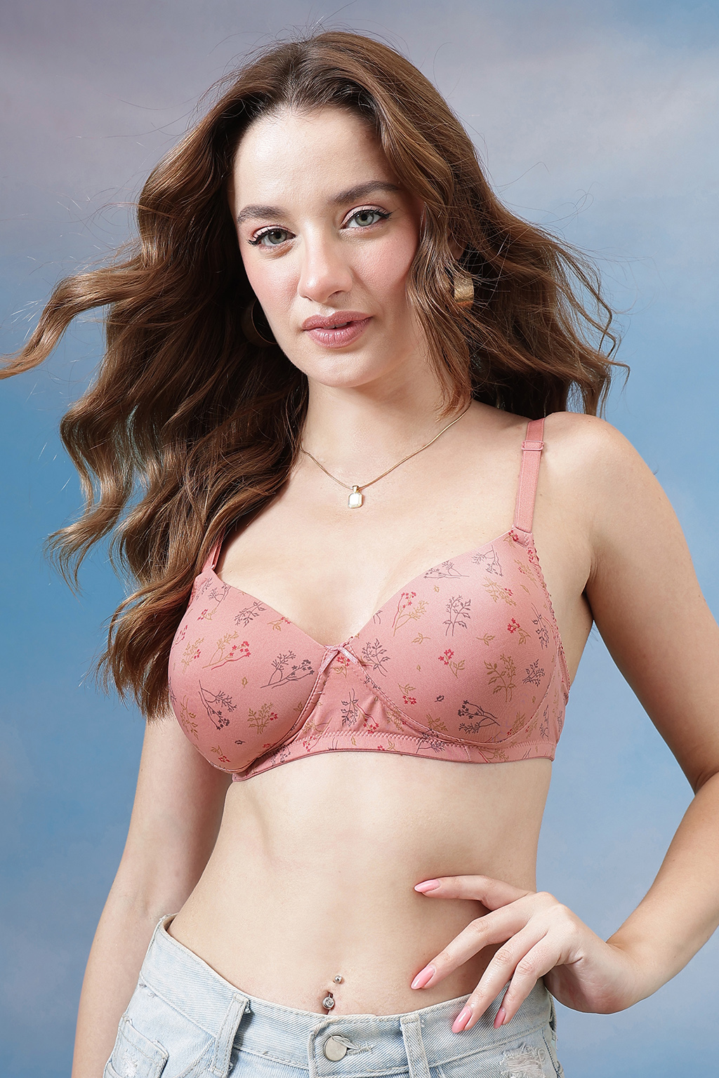 Padded Non-Wired Full Coverage Printed Multiway T-shirt Bra in Coral