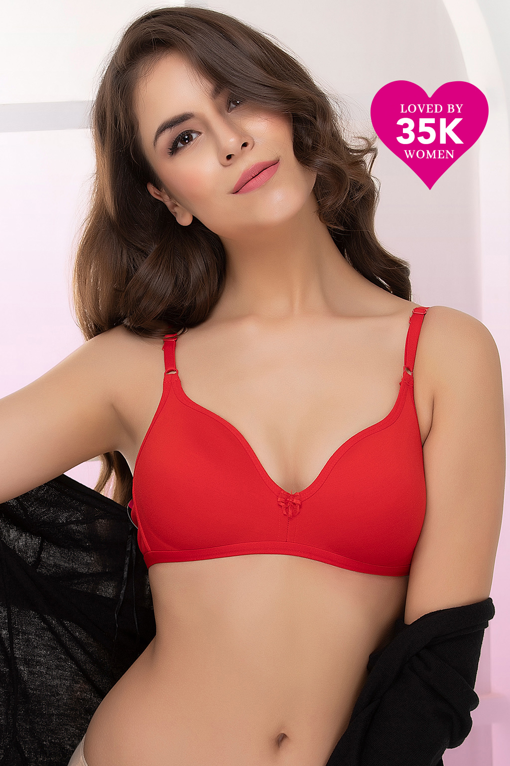 Non-Padded Non-Wired Full Coverage Spacer Cup T-shirt Bra in Red - Cotton Rich