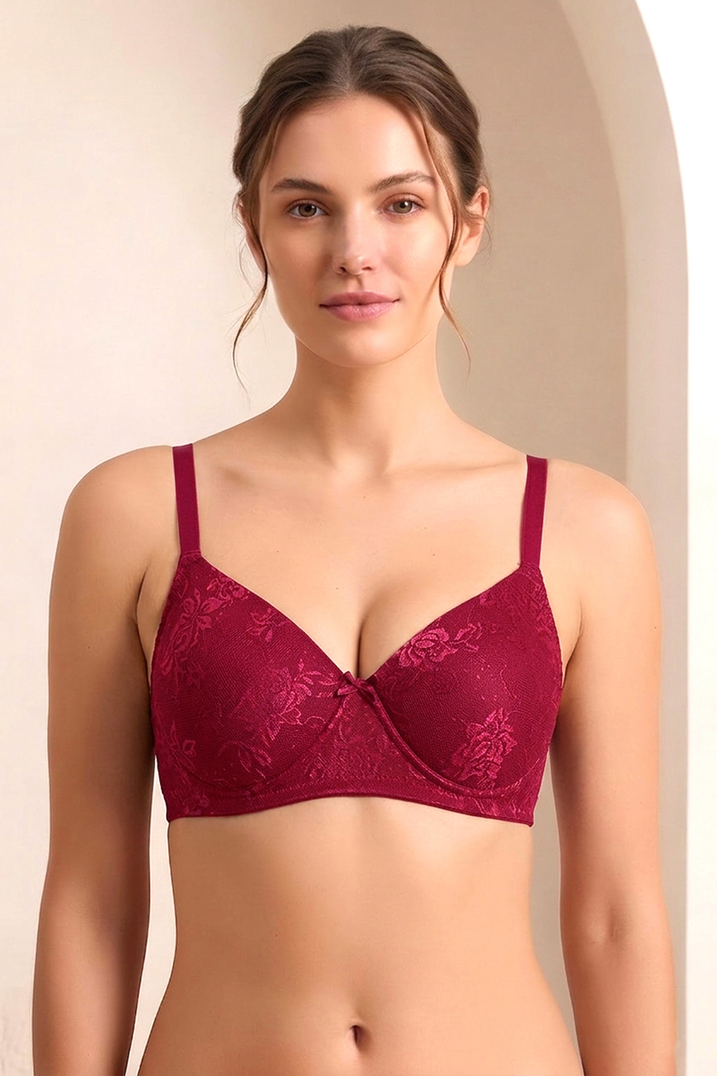 Clovia Lace Padded Non-Wired Bra _Dark Maroon
